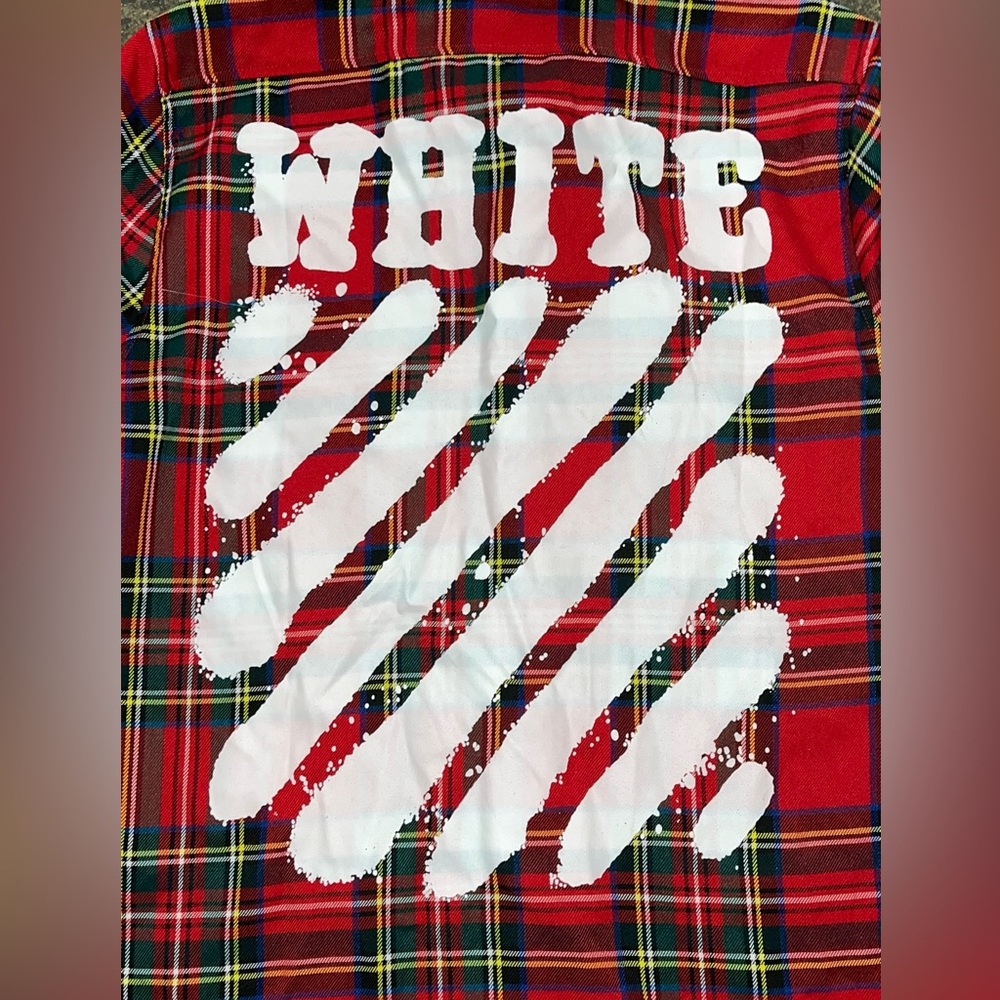 Off-White Red Tartan Plaid Button-Down Shirt with White Graphic Back - Picture 10 of 15